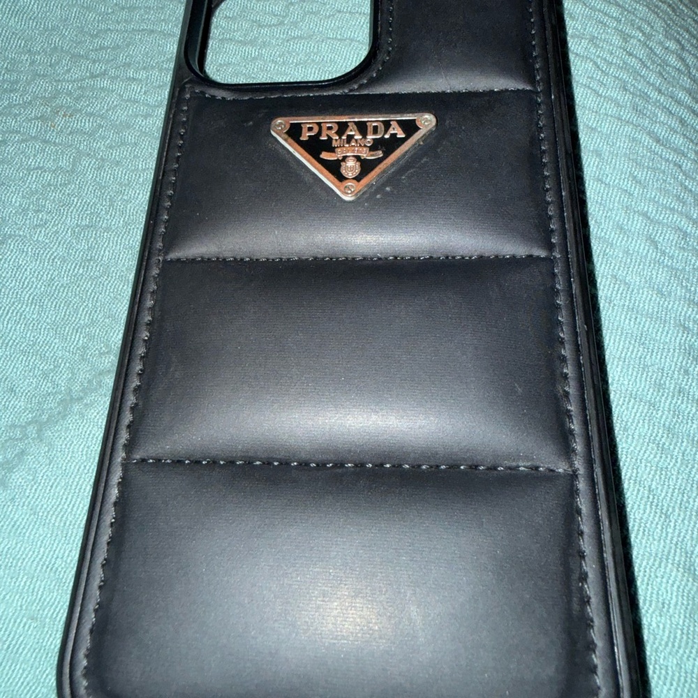 Prada Black Quilted Leather Logo Phone Case 13 pro max